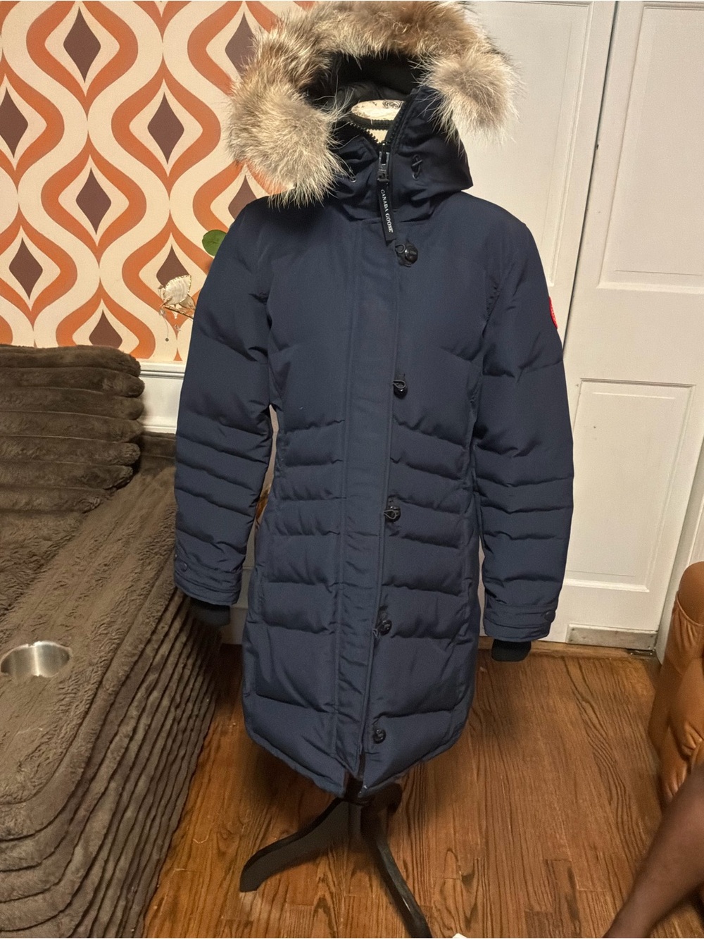 Canada Goose Navy Long Hooded Down Puffer with Fur Trim